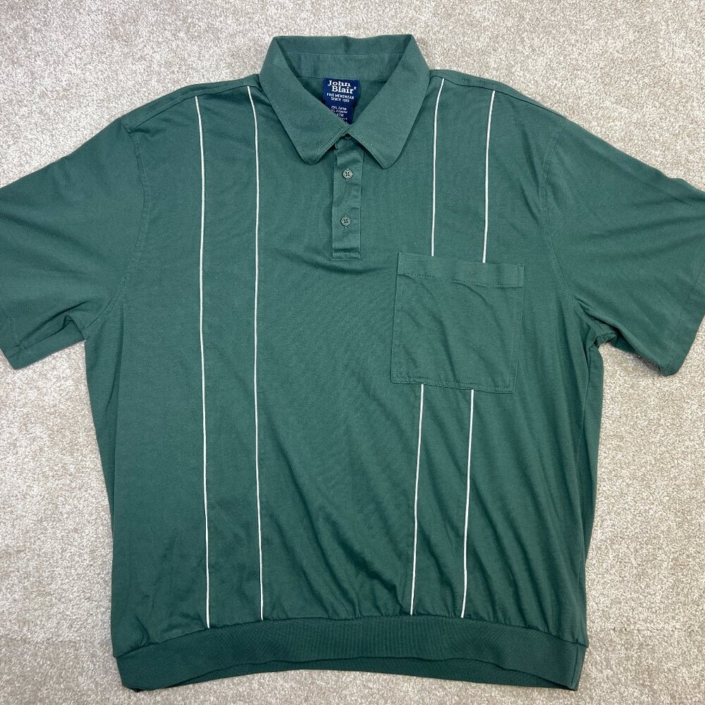 Vintage John Blair Men's XL Green White Stripes Grandpacore Polo EUC